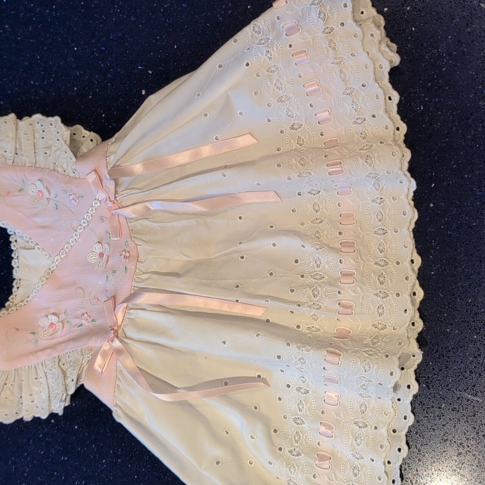 Baby White And Pink Dress 18 Month.  Pink Bodice With Bows And Flowers.